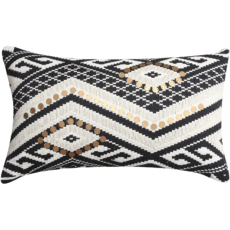 Benzara BM219700 Sequin Embellished Cotton Cushion Cover with Geometric Print,Black and White