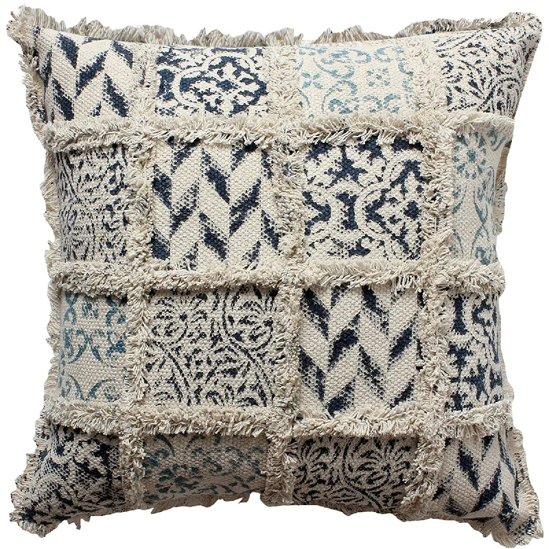 Benzara BM219702 Cotton Block Printed Dhurrie Cushion Cover with Trimmed Fringe Design, White