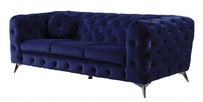 90" Blue Velvet Chesterfield Sofa With Silver Legs