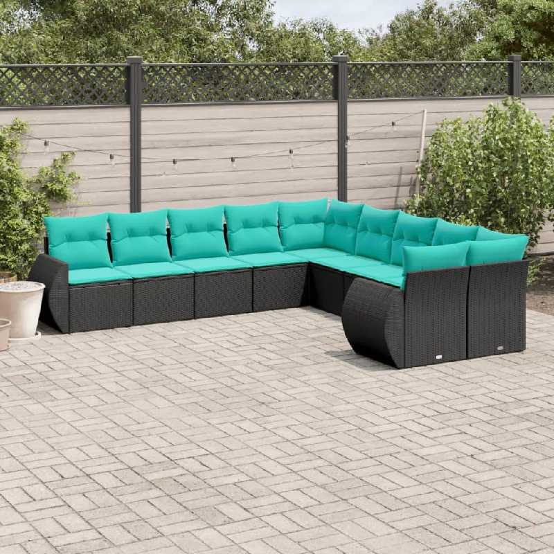 10 Piece Patio Sofa Set with Cushions Black Poly Rattan