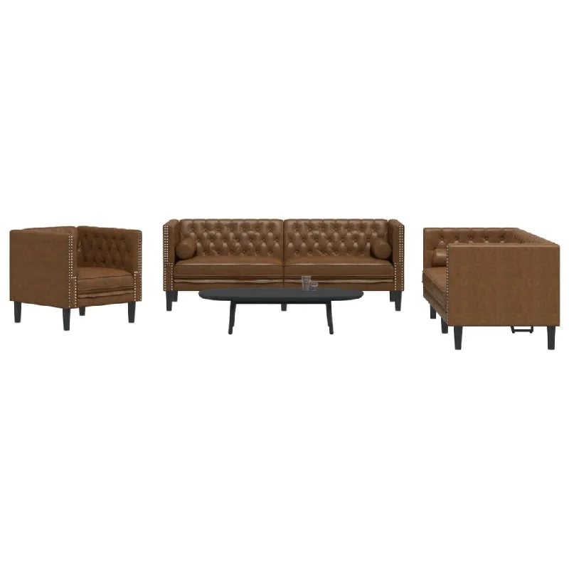 3 Piece Chesterfield Sofa Set with Bolsters Brown Faux Suede Leather