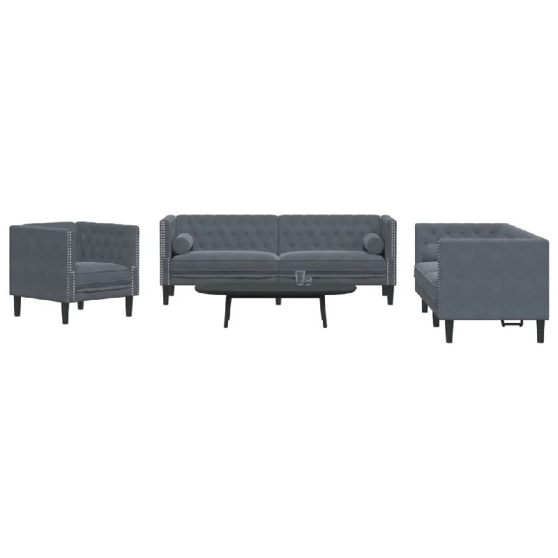 3 Piece Chesterfield Sofa Set with Bolsters Dark Gray Velvet