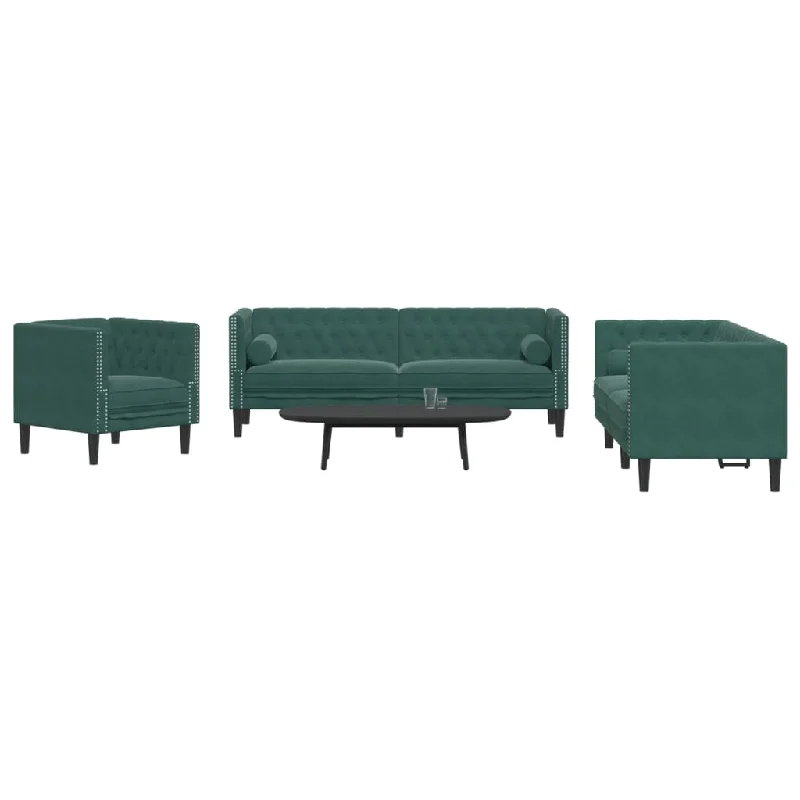 3 Piece Chesterfield Sofa Set with Bolsters Dark Green Velvet