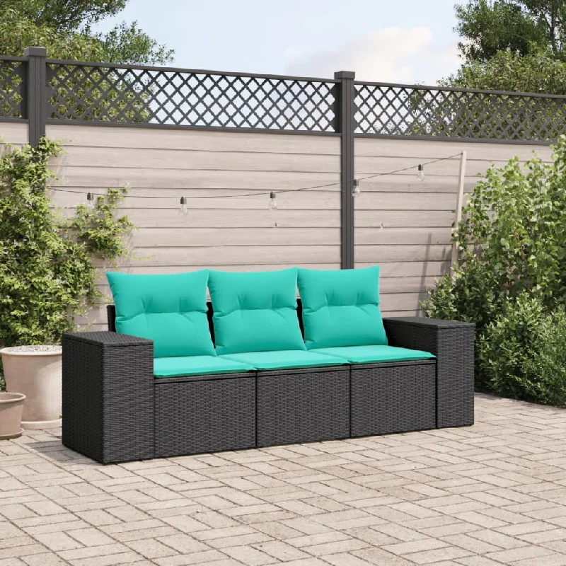 3 Piece Patio Sofa Set with Cushions Black Poly Rattan