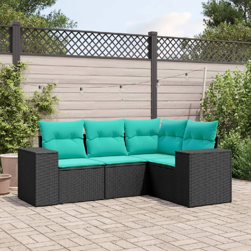 4 Piece Patio Sofa Set with Cushions Black Poly Rattan