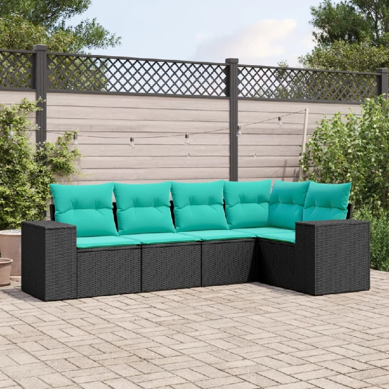 5 Piece Patio Sofa Set with Cushions Black Poly Rattan