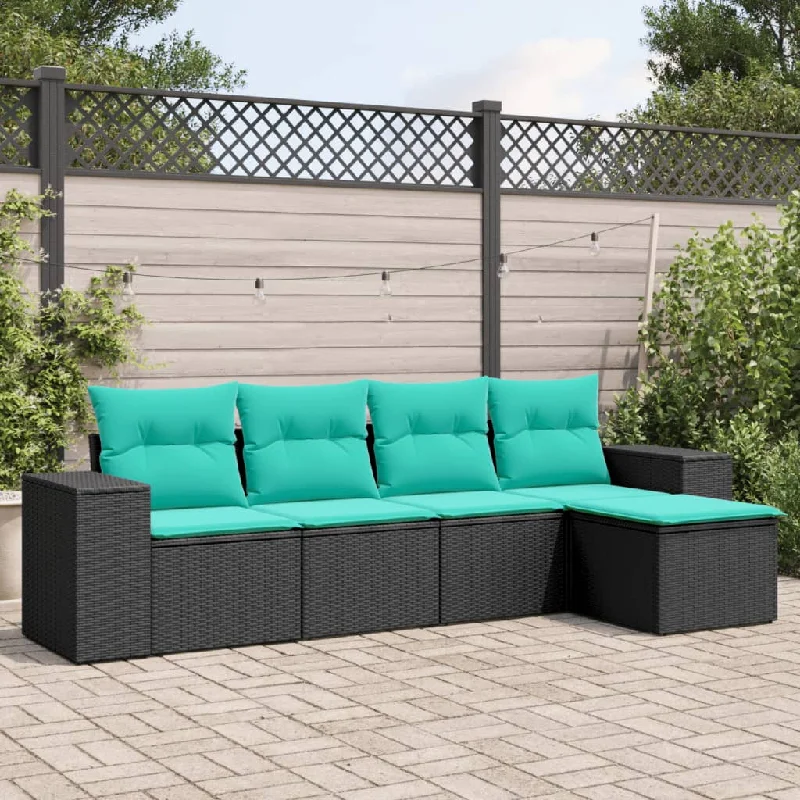 5 Piece Patio Sofa Set with Cushions Black Poly Rattan