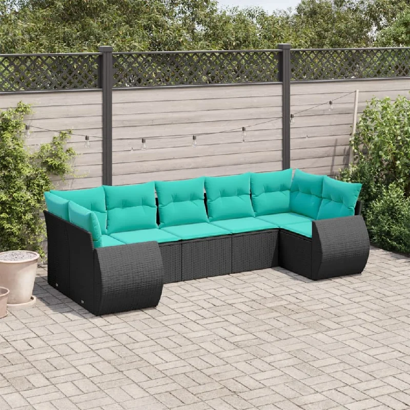 7 Piece Patio Sofa Set with Cushions Black Poly Rattan