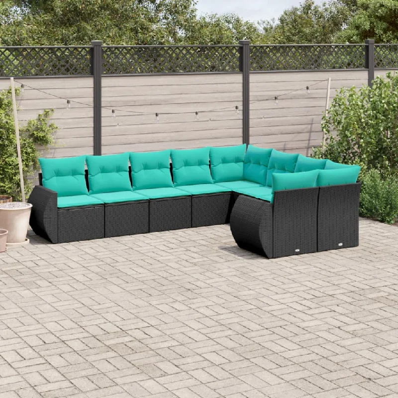 9 Piece Patio Sofa Set with Cushions Black Poly Rattan