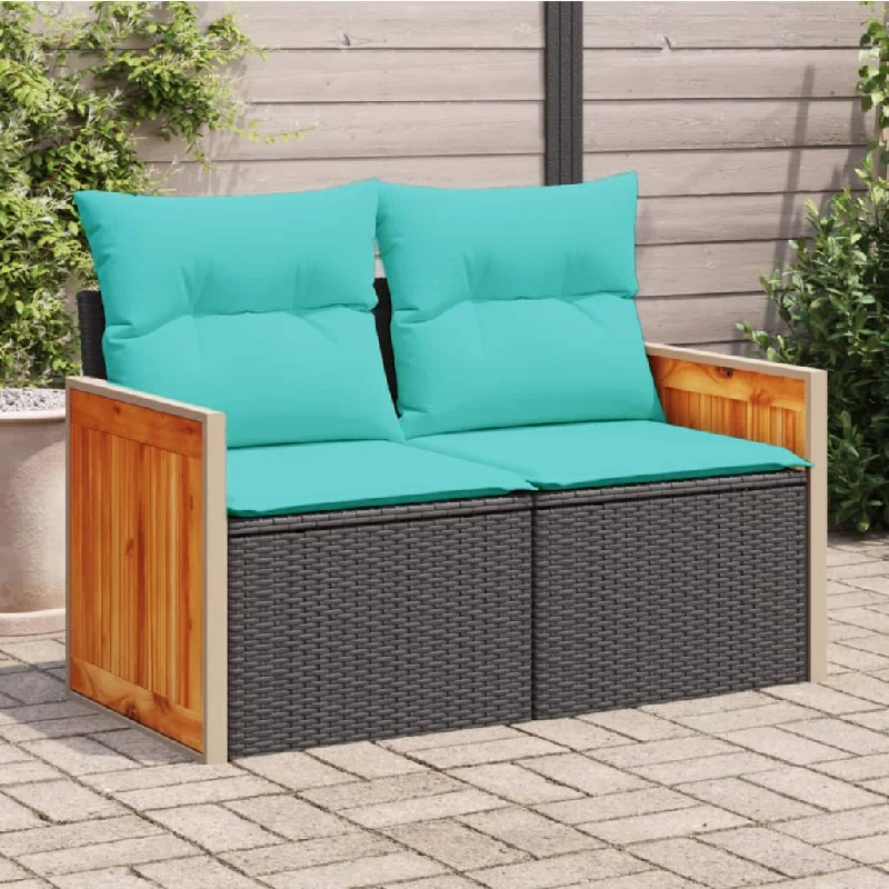 Patio Sofa with Cushions 2-Seater Black Poly Rattan