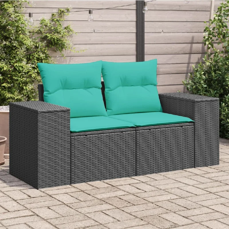 Patio Sofa with Cushions 2-Seater Black Poly Rattan