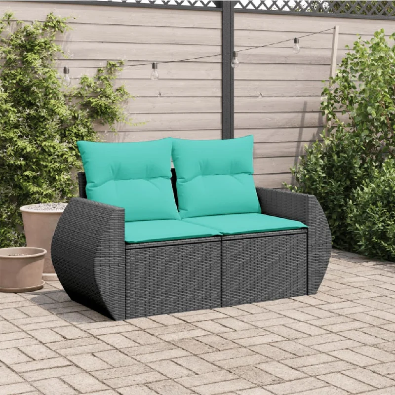 Patio Sofa with Cushions 2-Seater Black Poly Rattan