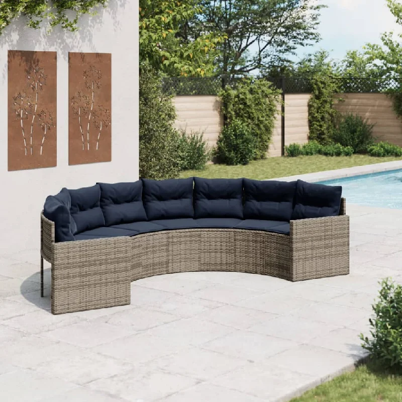 Patio Sofa with Cushions Half-Round Gray Poly Rattan