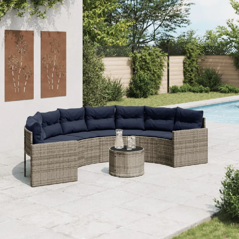 Patio Sofa with Table and Cushions Half-Round Gray Poly Rattan