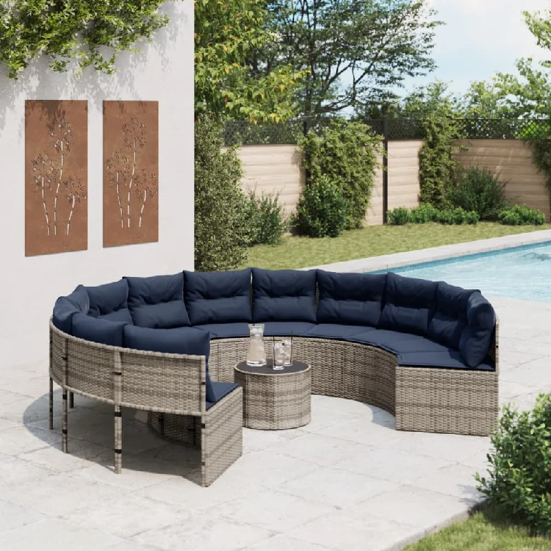 Patio Sofa with Table and Cushions Round Gray Poly Rattan