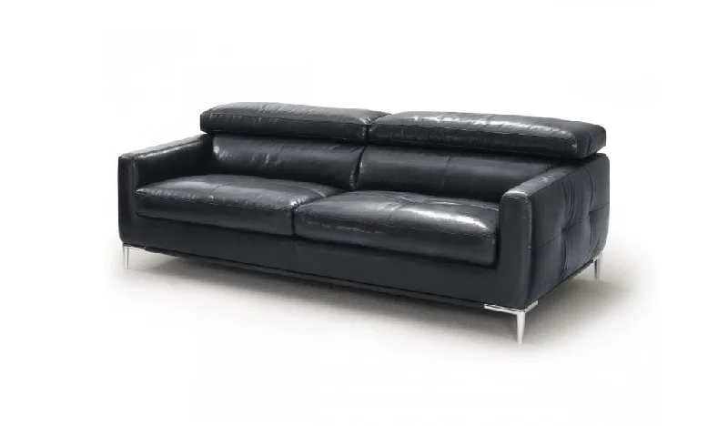 79" Black Leather Sofa With Silver Legs