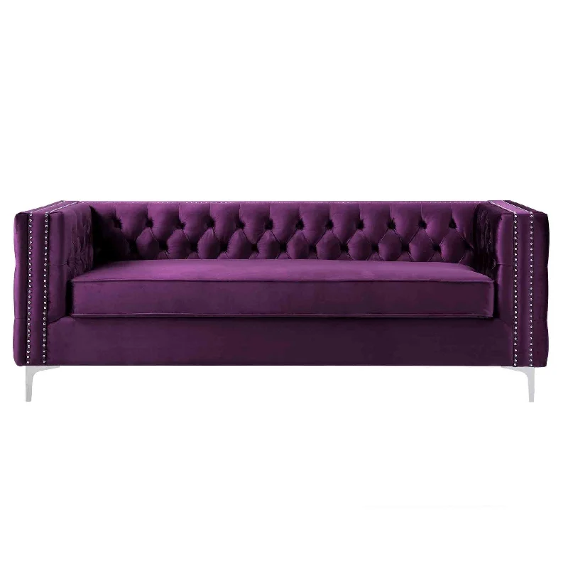 84" Purple Velvet Sofa With Silver Legs