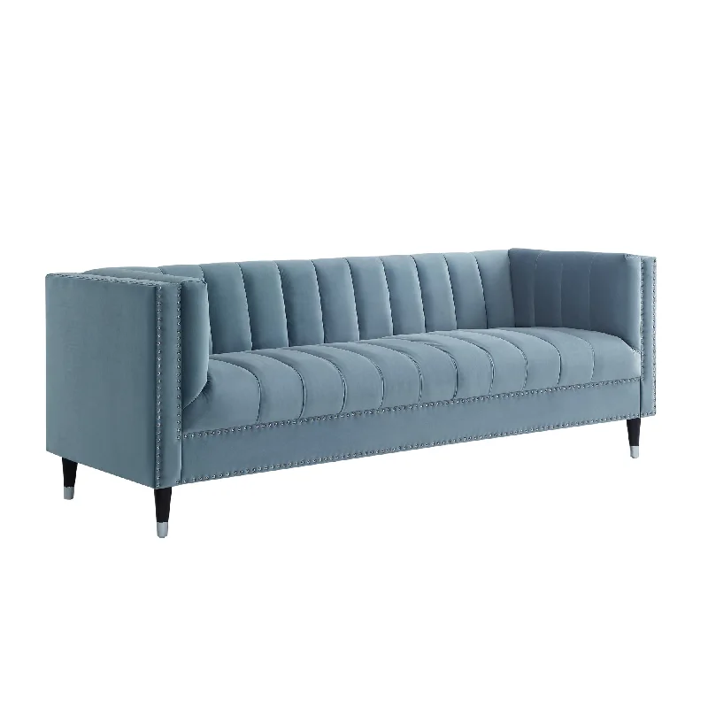 85" Slate Blue Velvet Sofa With Espresso Legs