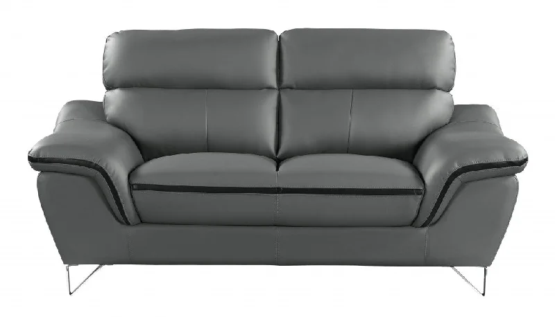 86" Gray Leather Sofa With Silver Legs