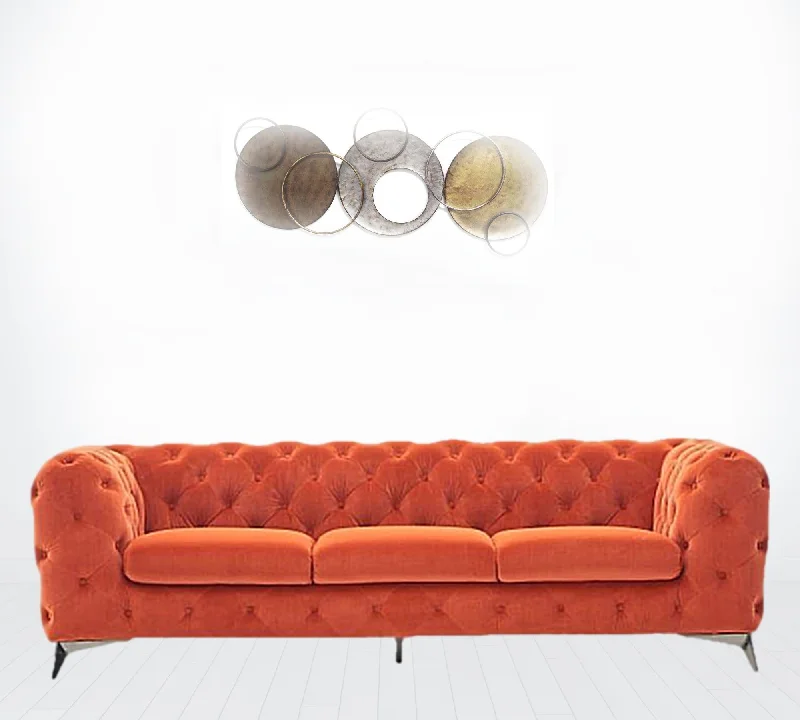 97" Orange Fabric Chesterfield Sofa With Silver Legs