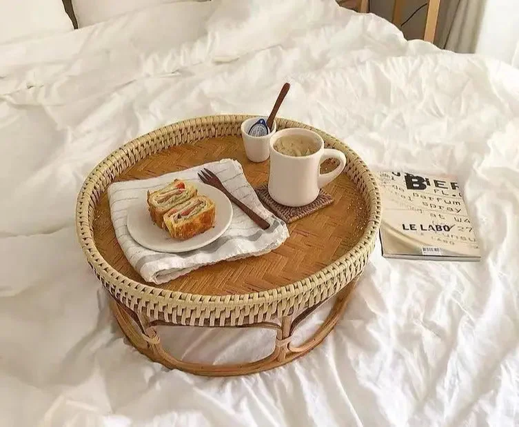 Cane Table Bamboo Rattan Table Serving Tray Food Table Premium Handmade Round Table Sofa Bed Picnic