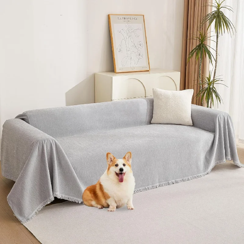 Light Gery Chenille Sofa Cover For Dogs Cats Tassel Edge Couch Cover Furniture