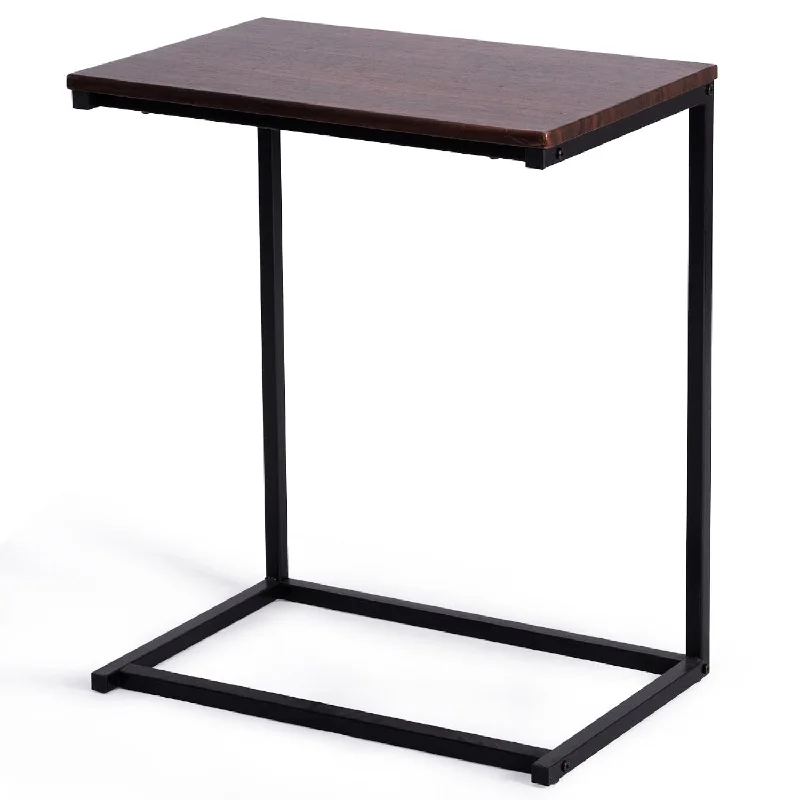 Sofa Side End Table, C Shaped Side Table With Wooden Top And Sturdy Steel Fram