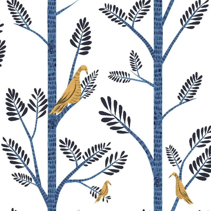 Aviary Branch Peel & Stick Wallpaper in Blue and Yellow from the Risky Business III Collection