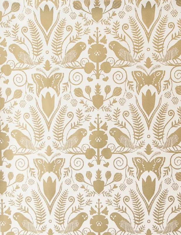 Barn Owls and Hollyhocks Wallpaper in Gold on Cream by Carson Ellis