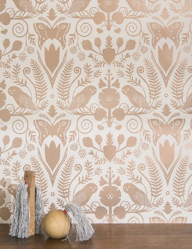 Barn Owls and Hollyhocks Wallpaper in Rose Gold on Cream by Carson Ellis