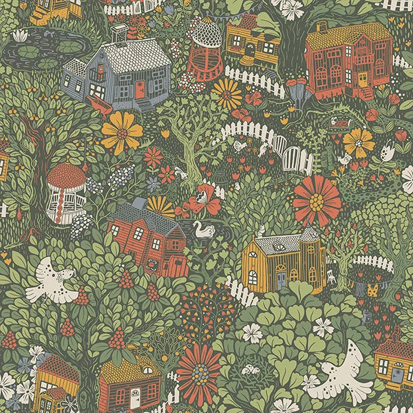 Bygga Bo Green Woodland Village Wallpaper from Briony Collection