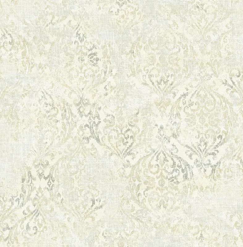 Distressed Damask Wallpaper in Luster from the Nouveau Collection