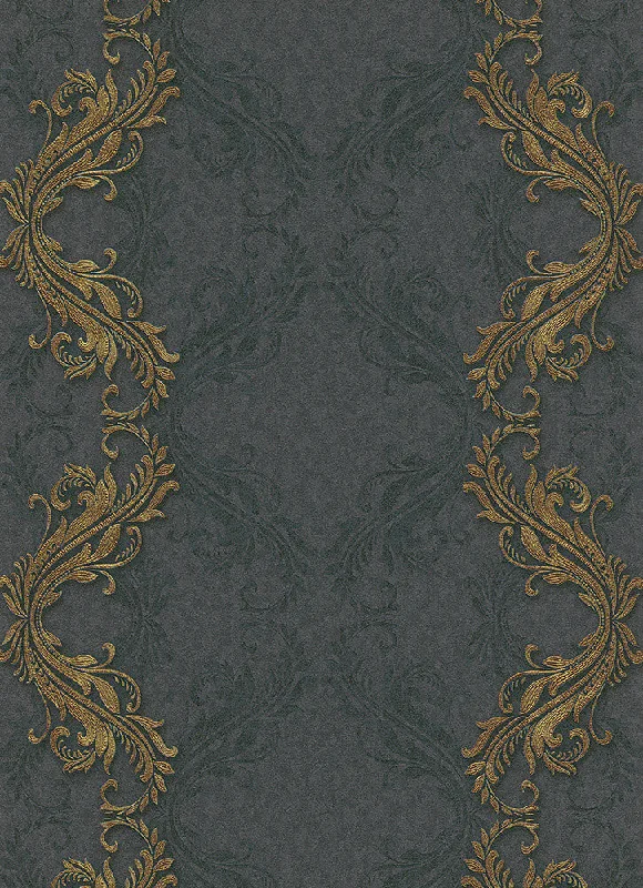 Etta Ornamental Scroll Stripe Wallpaper in Black and Gold design by BD Wall