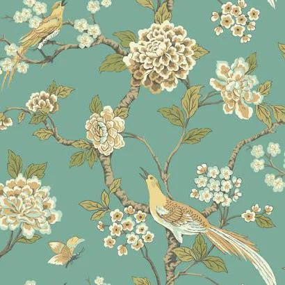 Fanciful Floral Wallpaper in Aqua and Gold