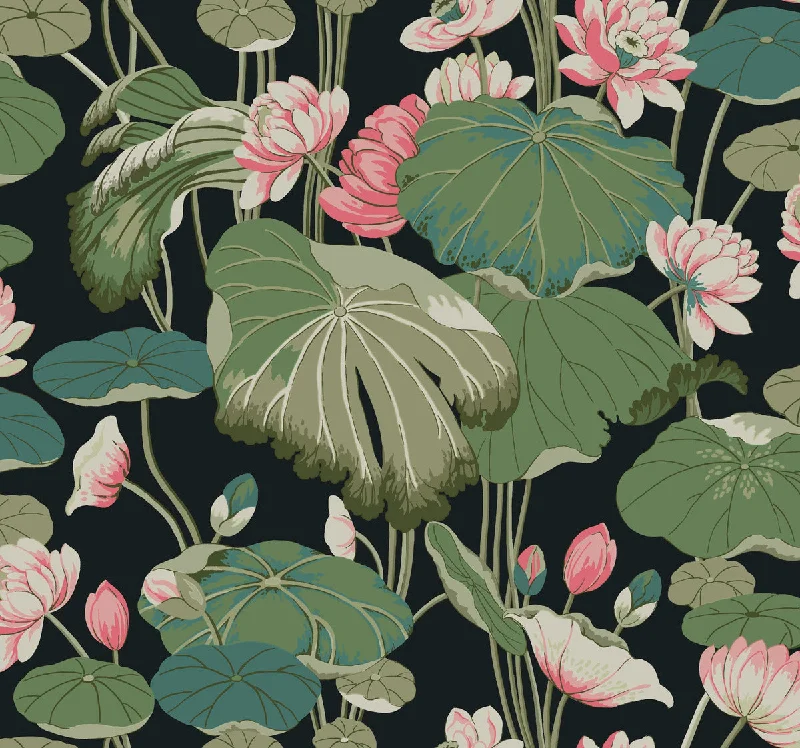 Lotus Pond Midnight/Flamingo Wallpaper from the Greenhouse Collection