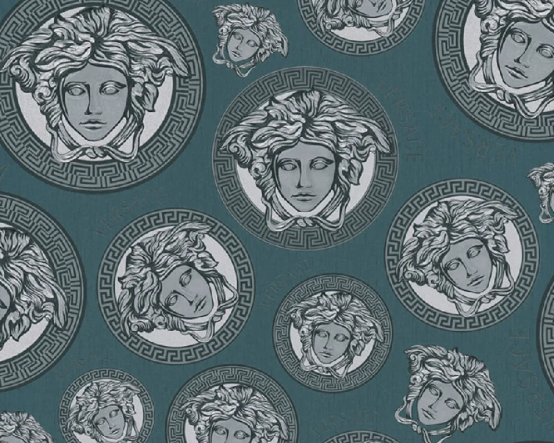 Medusa Head Textured Wallpaper in Black/Blue from the Versace V Collection