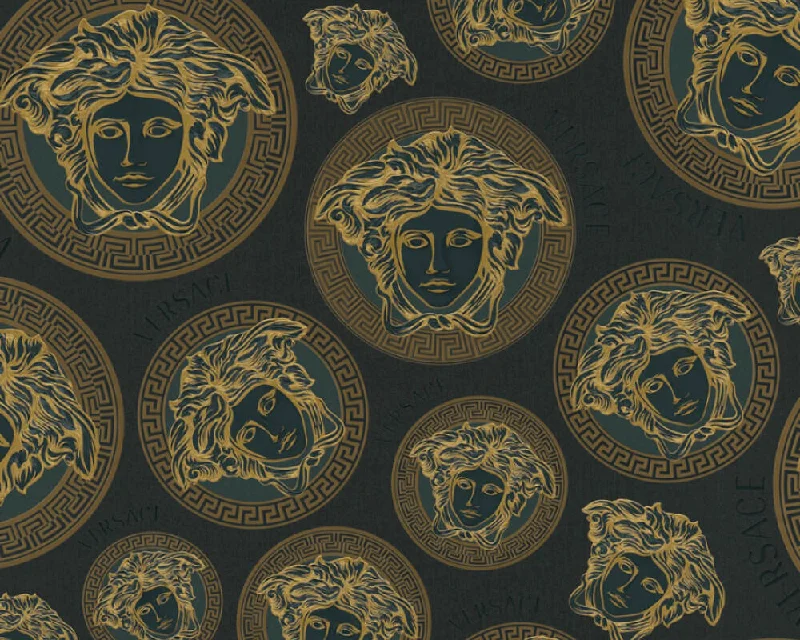 Medusa Head Textured Wallpaper in Black/Gold from the Versace V Collection