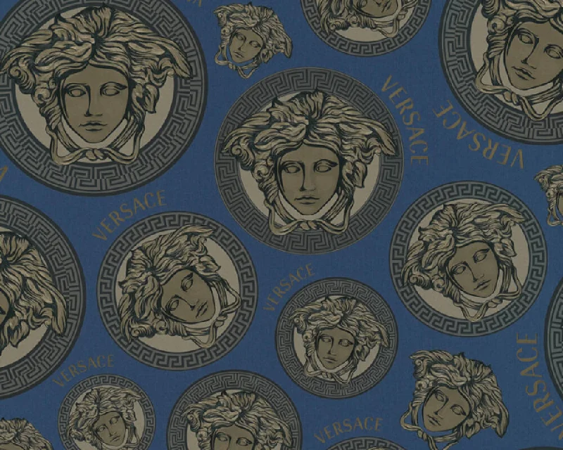 Medusa Head Textured Wallpaper in Blue/Gold from the Versace V Collection