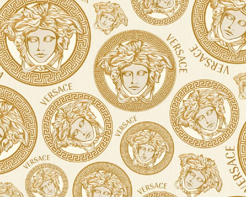 Medusa Head Textured Wallpaper in Gold/Black from the Versace V Collection