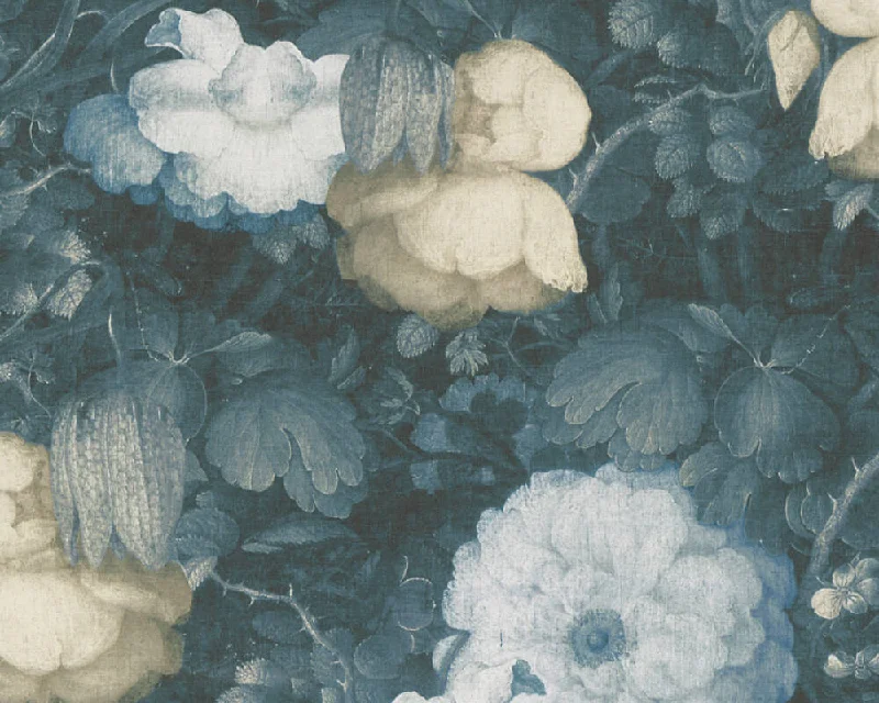 Merry Floral Wallpaper in Black, Blue, and Green by BD Wall