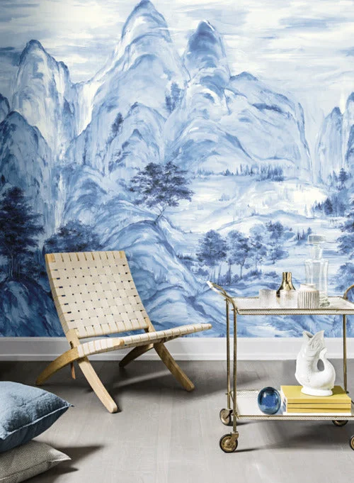 Misty Mountain Wall Mural in Blue from the Tea Garden Collection