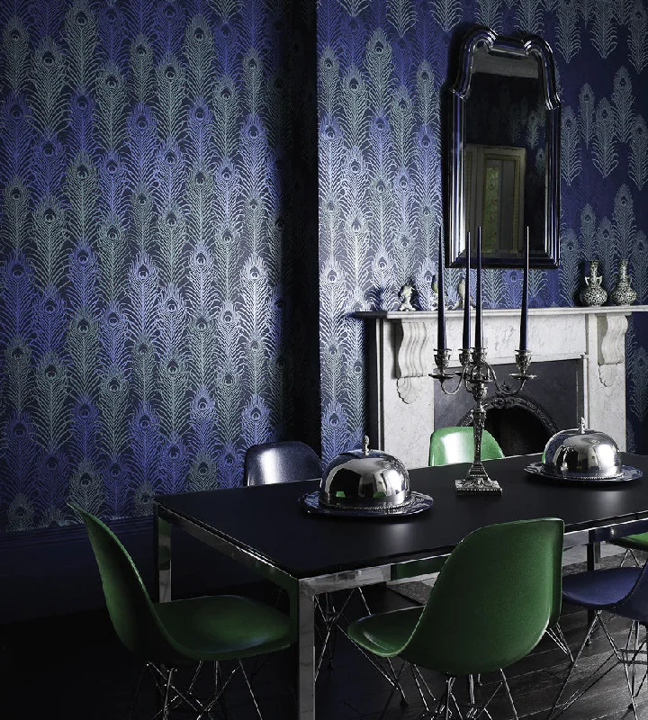 Peacock Wallpaper in Midnight and Metallic Jade by Matthew Williamson for Osborne & Little