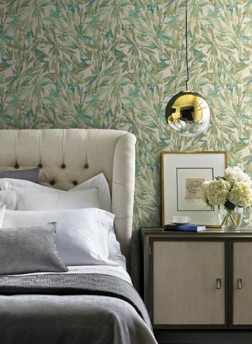 Rainforest Leaves Wallpaper in Teal and Greens from the Natural Opalescence Collection