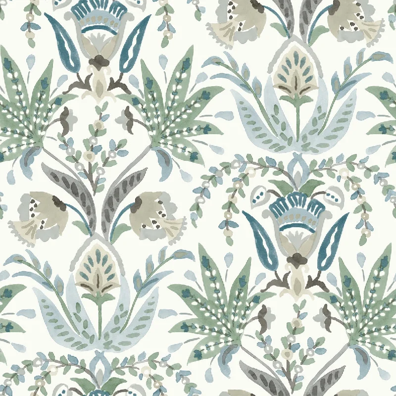 Seaside Jacobean Wallpaper in White/Green/Blue from the Mediterranean Collection