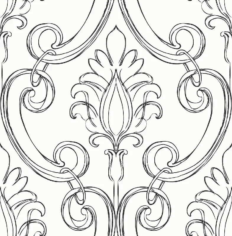 Sketched Damask Peel-and-Stick Wallpaper in Ebony