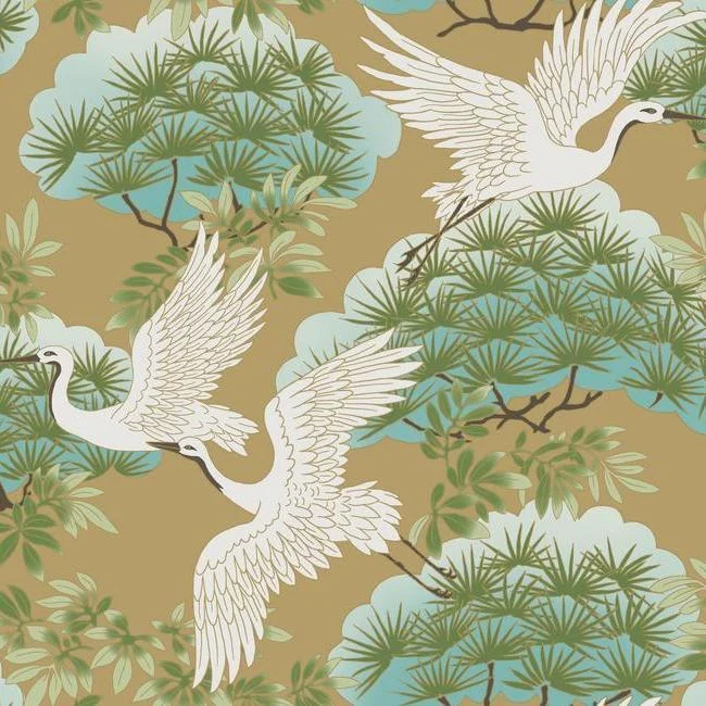 Sprig & Heron Wallpaper in Gold from the Tea Garden Collection