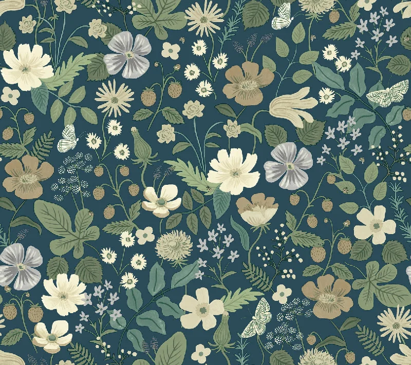 Strawberry Fields Wallpaper in Teal from the Rifle Paper Co. 2nd Edition