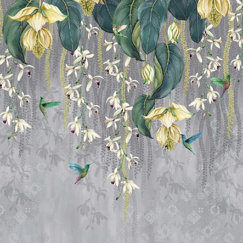 Trailing Orchid Wall Mural in Grey and Lemon from the Folium Collection by Osborne & Little