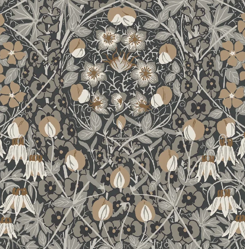 Tulip Garden Prepasted Wallpaper in Wrought Iron & Chamois