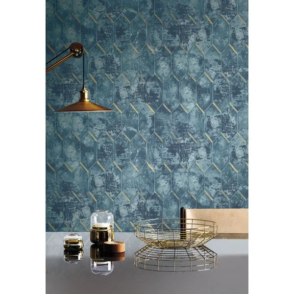 Whitney Wallpaper in Blue and Gold from the Metalworks Collection